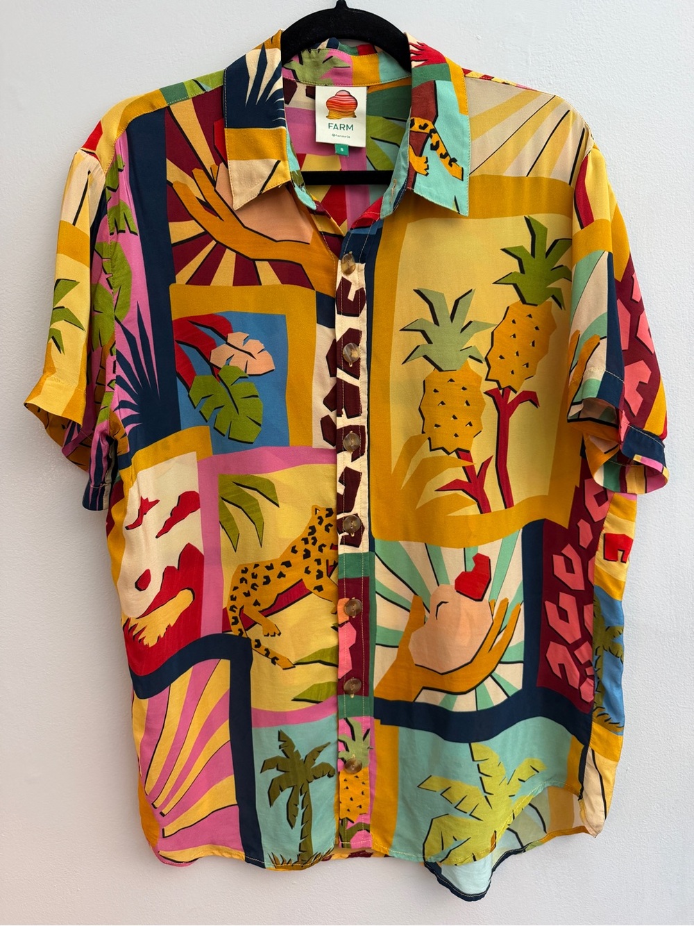 FARM Rio Tropical Collage Short-Sleeve Button-Down Shirt, Size Small